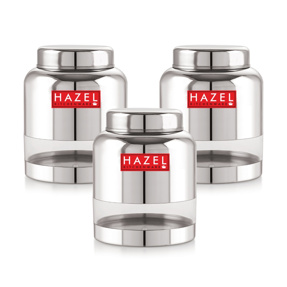 HAZEL Stainless Steel Transparent Container Glossy Finish Airtight See Through Jar Barni Set of 3, 1500 ML, Silver