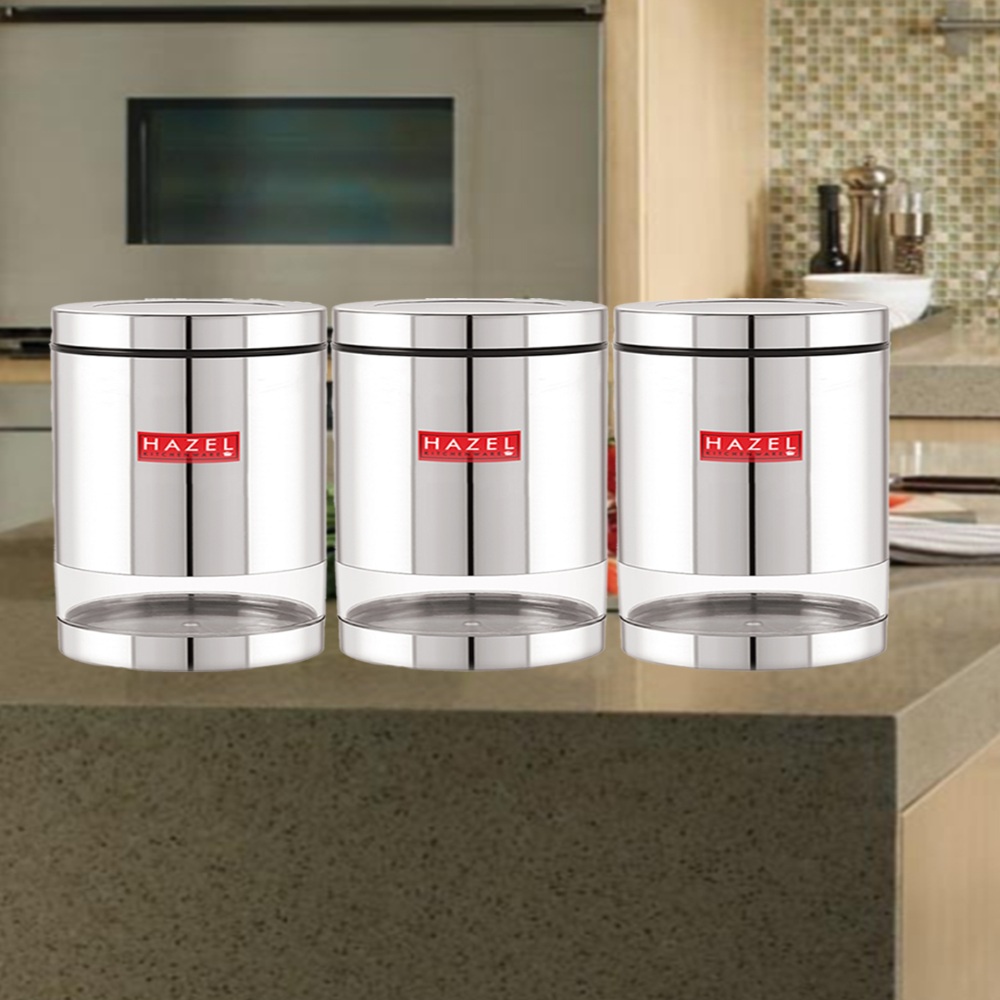 HAZEL Stainless Steel Containers Set For Kitchen Storage Transparent See Through Glossy Finish Storage Jars Dabba, Set of 3, 1300 ML Each, Silver