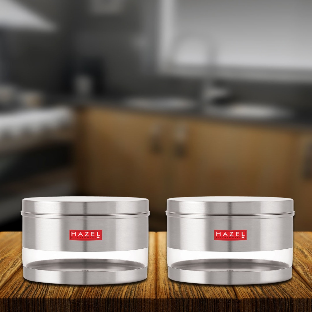 HAZEL Stainless Steel Containers Set For Kitchen Storage Transparent See Through Matt Finish Storage Jars Dabba, Set of 2, 1500 ML Each, Silver