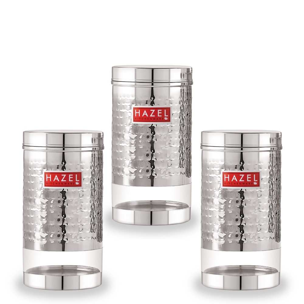 HAZEL Stainless Steel Containers Set For Kitchen Storage Hammered Finish Transparent See Through Glossy Storage Jars Dabba, Set of 3, 1200 ML Each, Silver