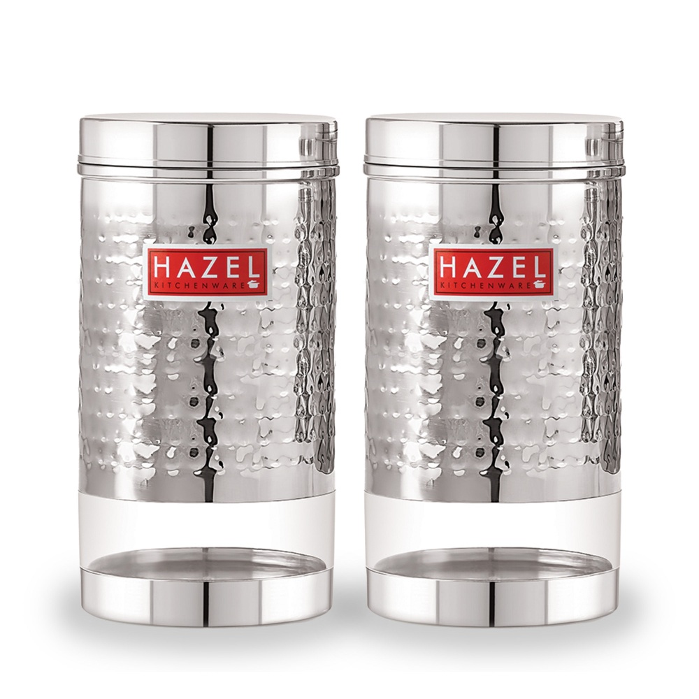 HAZEL Stainless Steel Containers Set For Kitchen Storage Hammered Finish Transparent See Through Glossy Storage Jars Dabba, Set of 2, 1200 ML Each, Silver