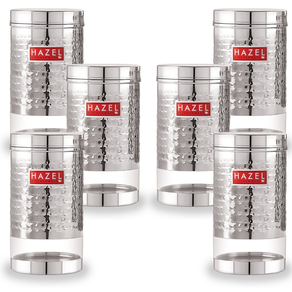 HAZEL Stainless Steel Containers Set For Kitchen Storage Hammered Finish Transparent See Through Glossy Storage Jars Dabba, Set of 6, 900 ML Each, Silver