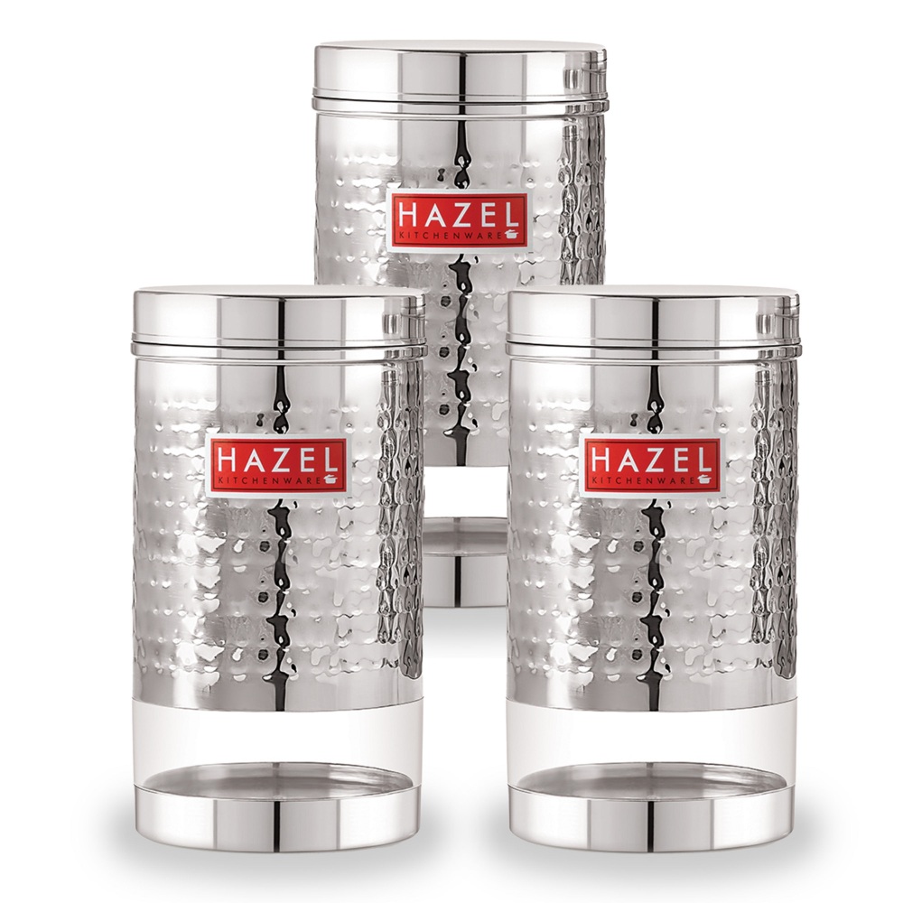 HAZEL Stainless Steel Containers Set For Kitchen Storage Hammered Finish Transparent See Through Glossy Storage Jars Dabba, Set of 3, 900 ML Each, Silver