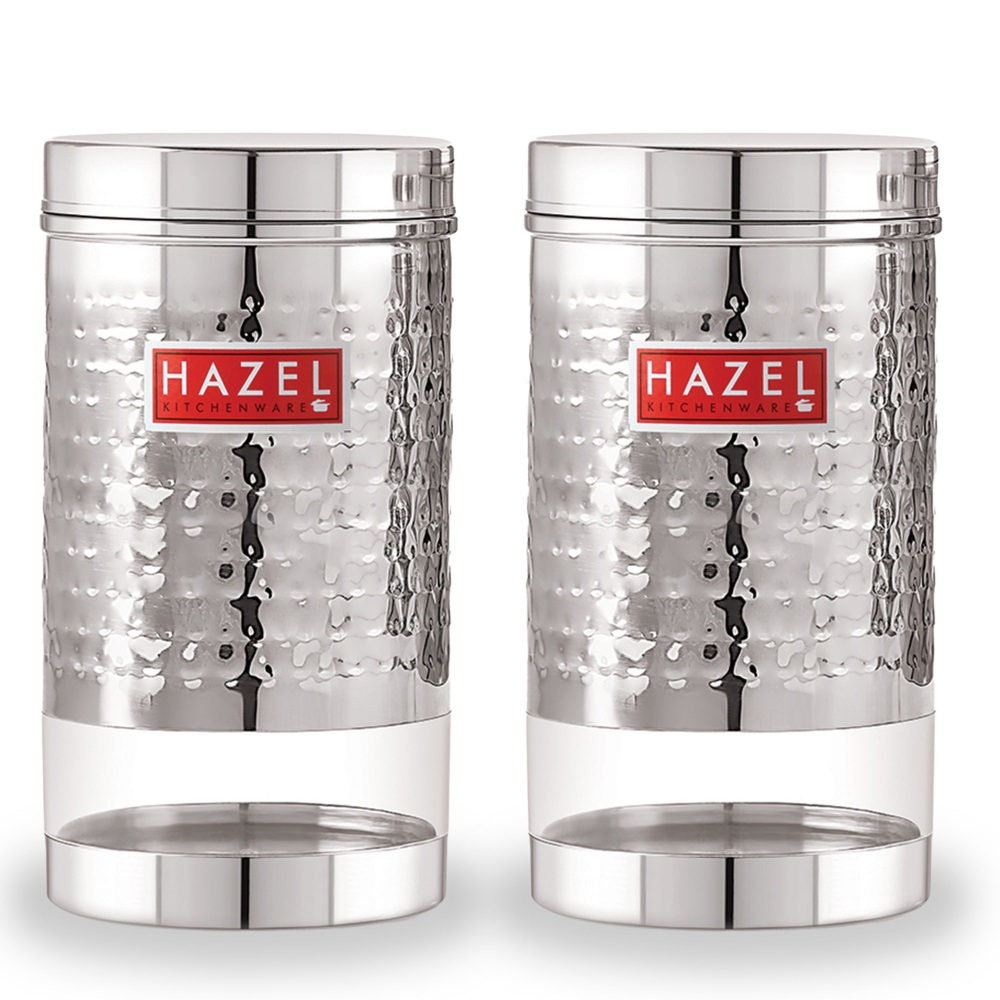 HAZEL Stainless Steel Containers Set For Kitchen Storage Hammered Finish Transparent See Through Glossy Storage Jars Dabba, Set of 2, 900 ML Each, Silver