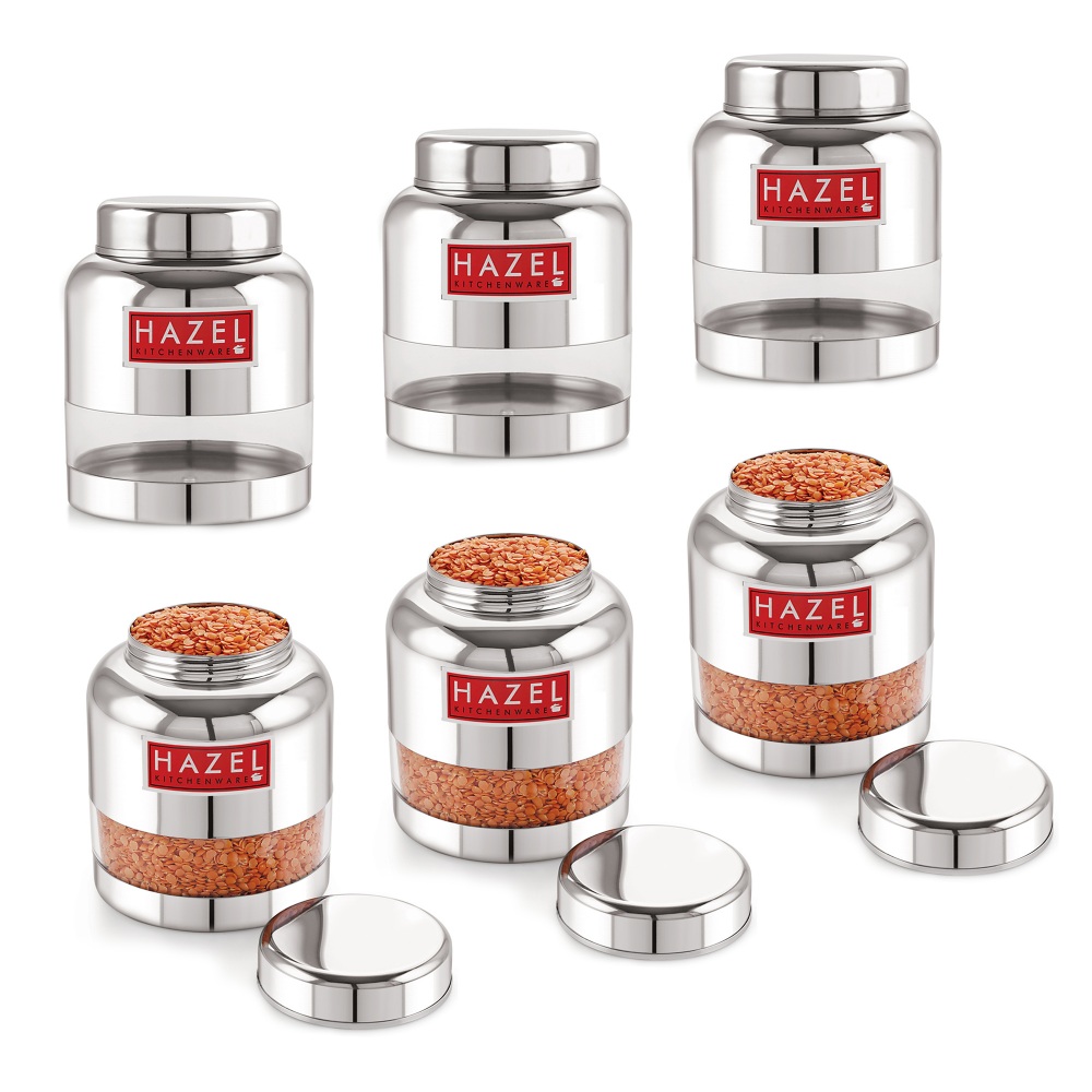 HAZEL Stainless Steel Transparent Glossy Finish Airtight See Through Container Barni Set of 6, 1000 ML, Silver