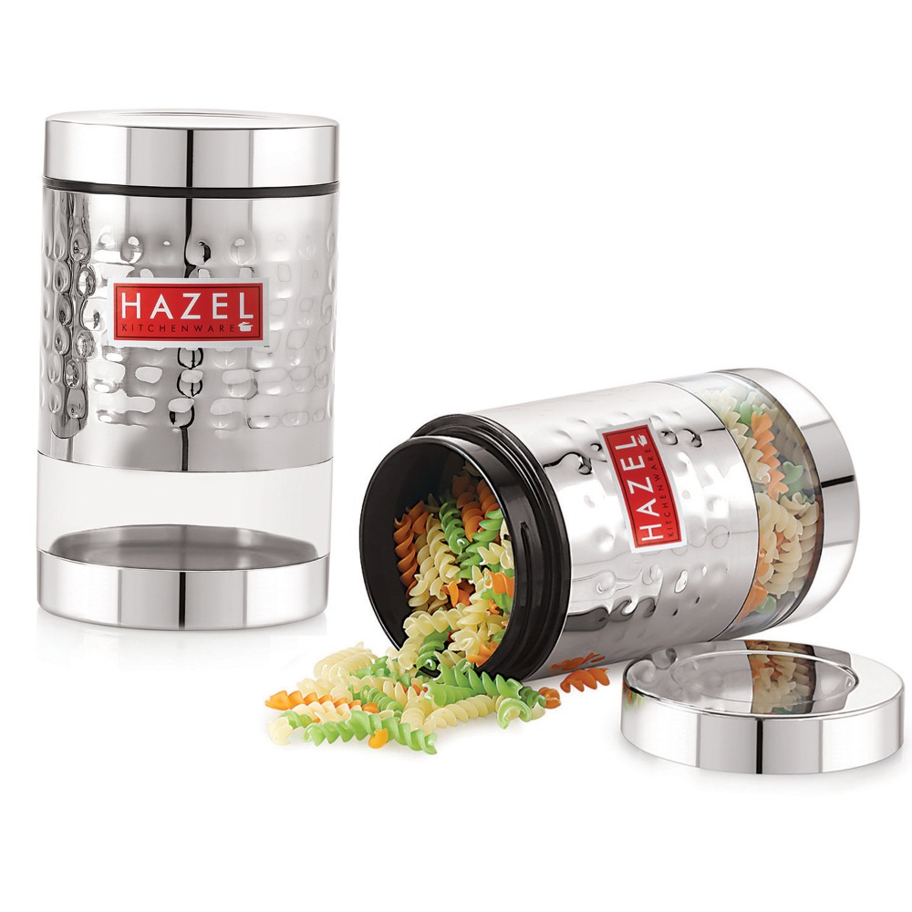 HAZEL Stainless Steel Hammered Finish Transparent Glossy See Through Container, Set of 2, 700 ML Each, Silver