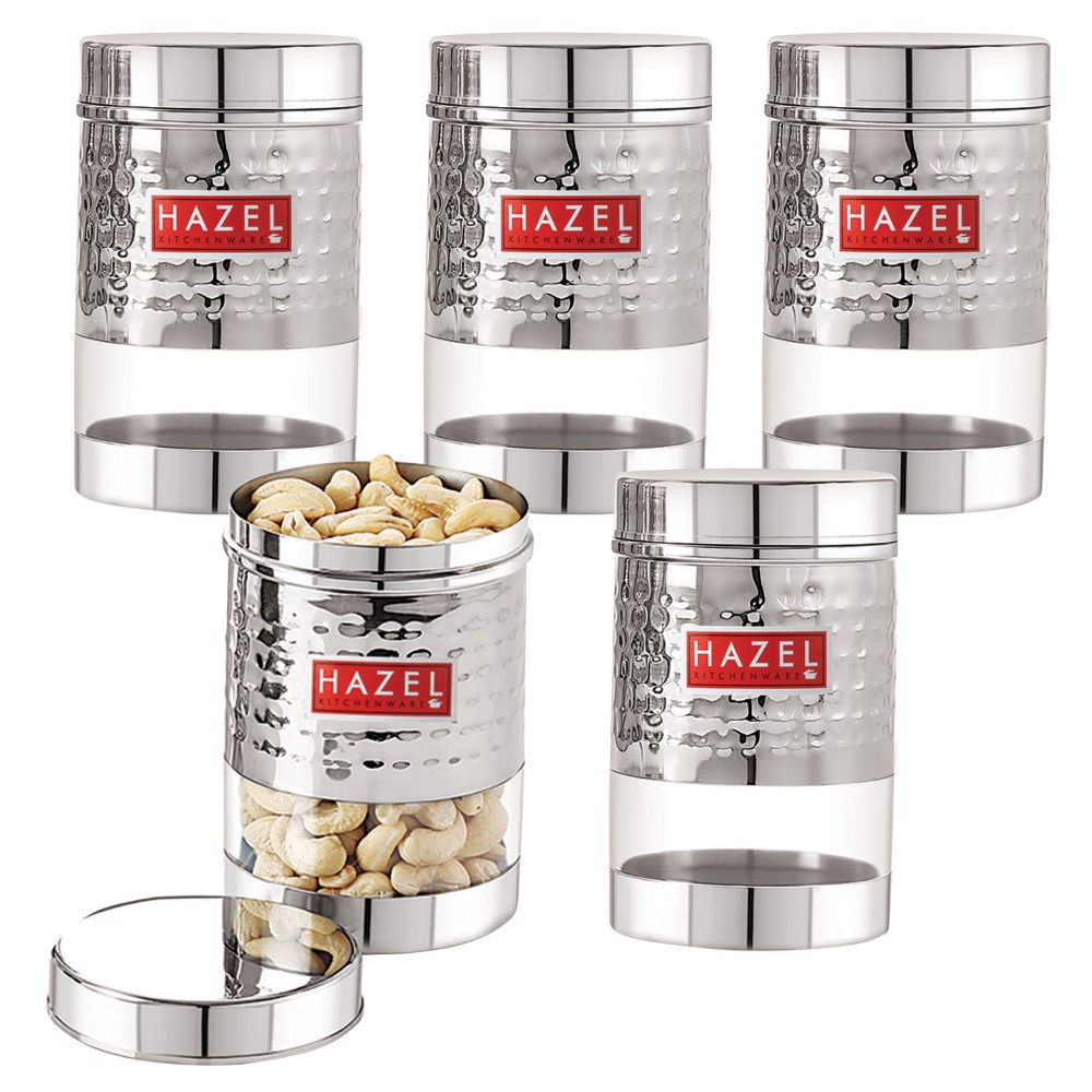 HAZEL Stainless Steel Hammered Finish Transparent Glossy See Through Container, Set of 5, 600 ML Each, Silver