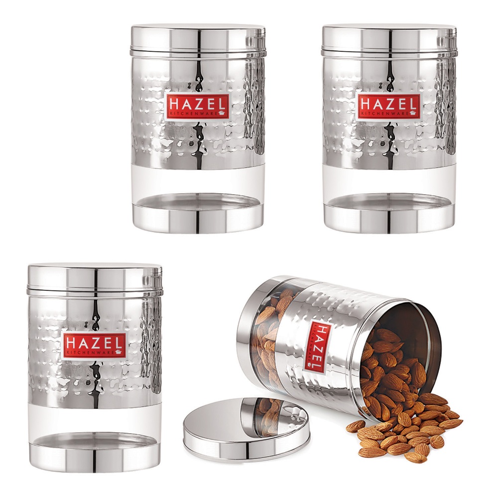 HAZEL Stainless Steel Hammered Finish Transparent Glossy See Through Container, Set of 4, 950 ML Each, Silver