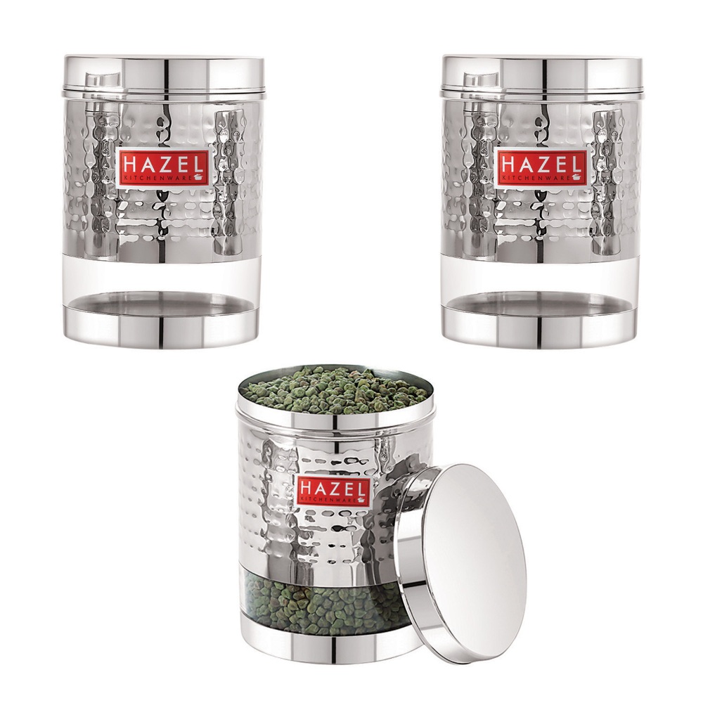 HAZEL Stainless Steel Hammered Finish Transparent Glossy See Through Container, Set of 3, 1350 ML Each, Silver