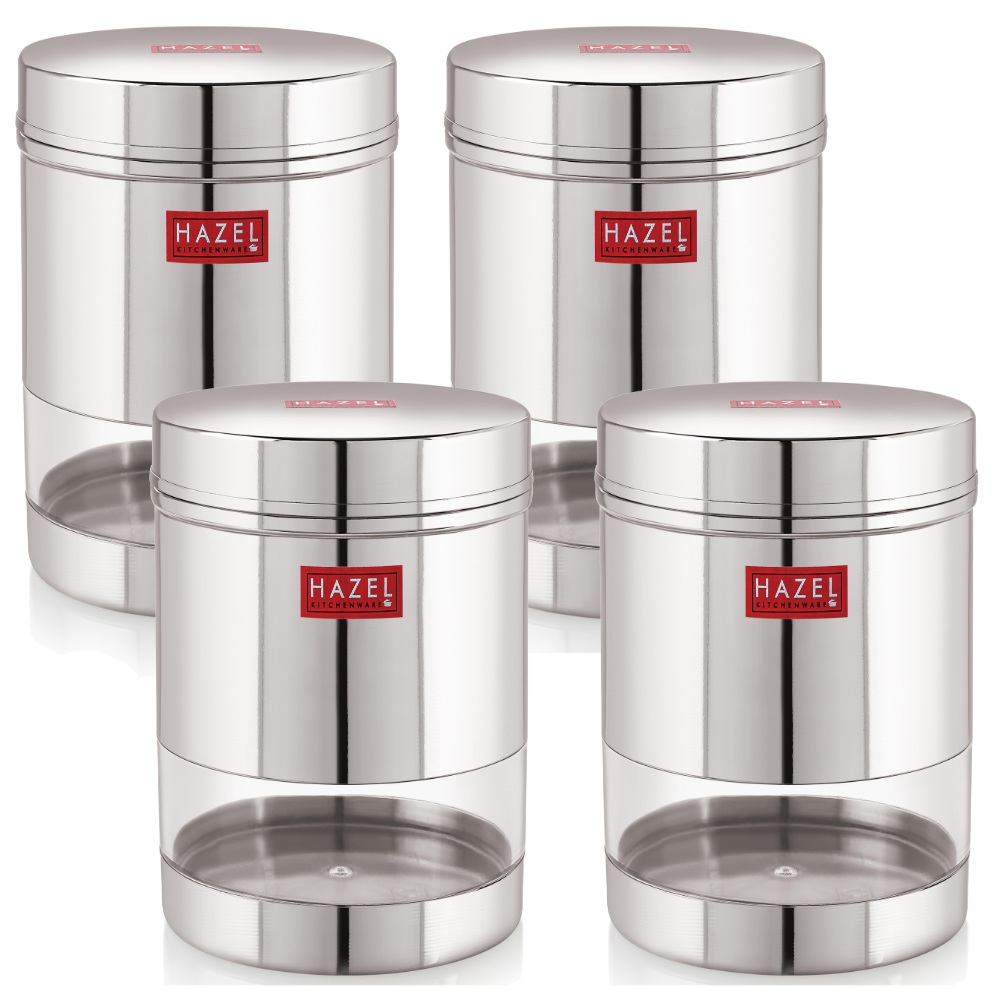 HAZEL Stainless Steel Transparent Wide Mouth See Through Container, Silver, Set of 4, 1350 Ml