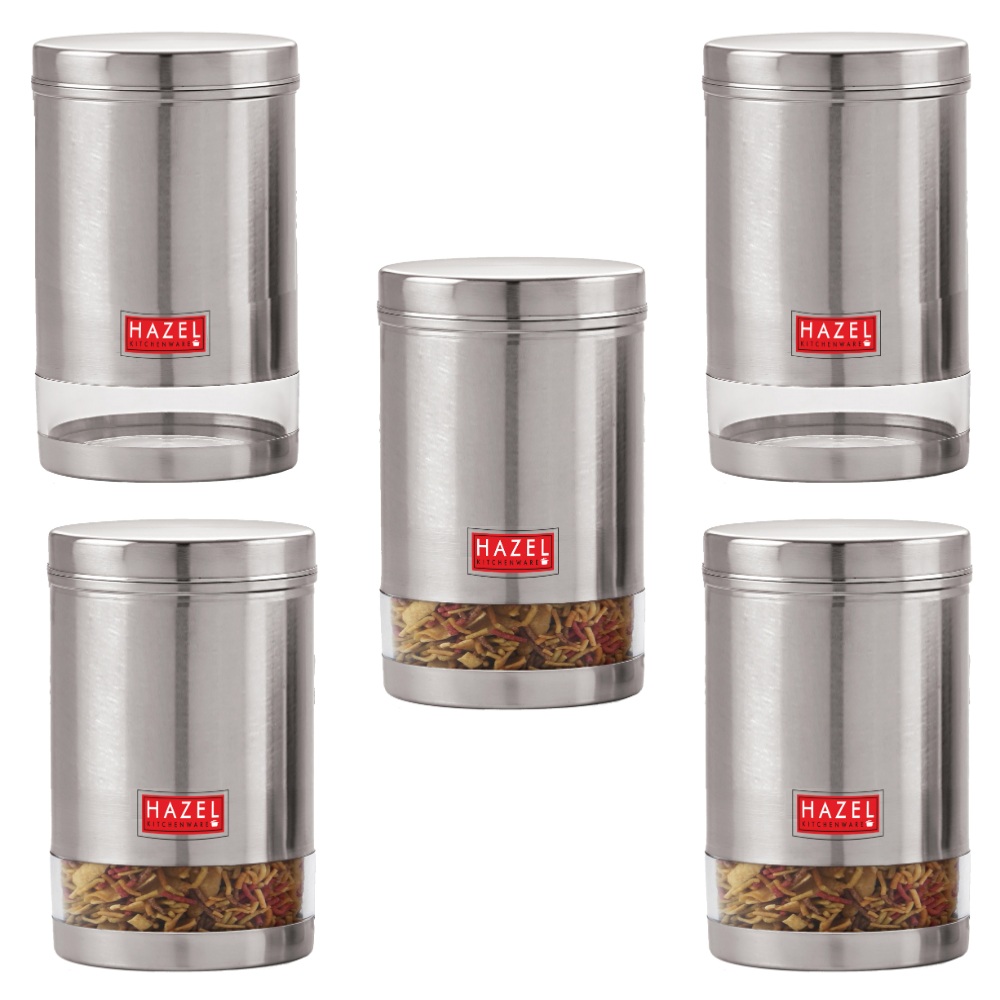 HAZEL Stainless Steel Transparent Wide Mouth See Through Container, Silver, Set of 5, 1350 Ml