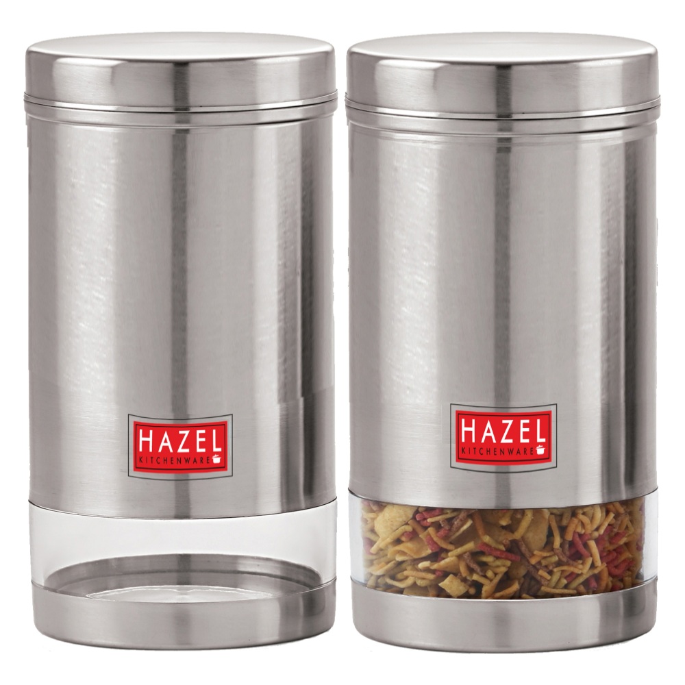 HAZEL Stainless Steel Transparent Wide Mouth See Through Container, Silver, Set of 2, 1350 Ml