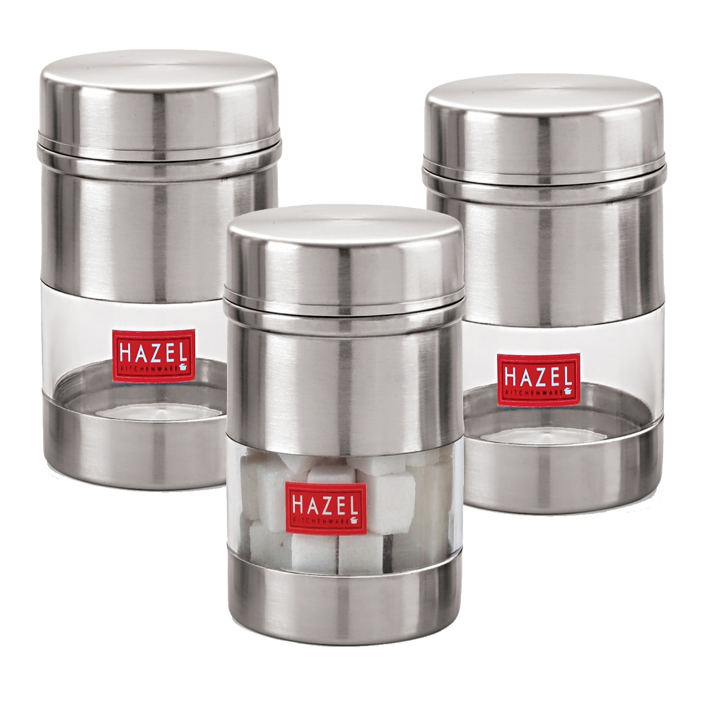 HAZEL Stainless Steel Transparent Wide Mouth See Through Container, Silver, Set of 3, 750 Ml