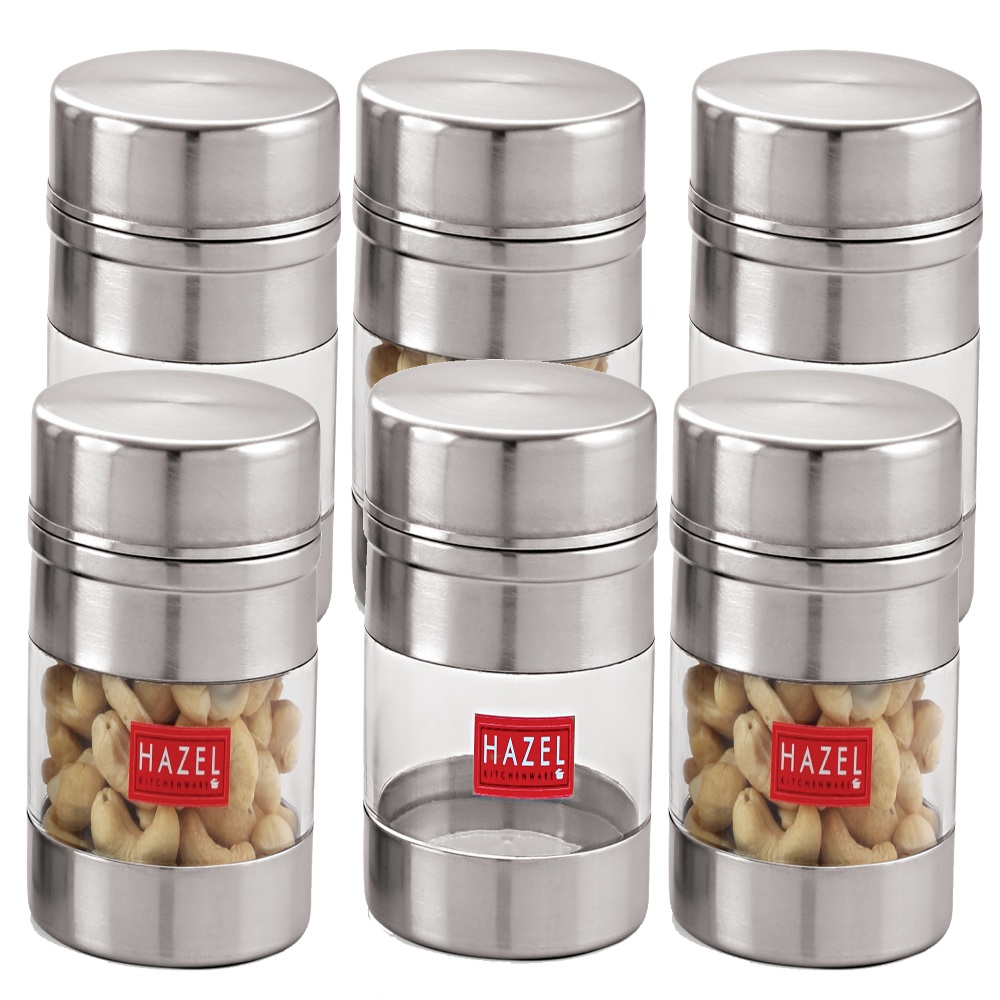 HAZEL Stainless Steel Transparent Wide Mouth See Through Container, Silver, Set of 6, 500 Ml