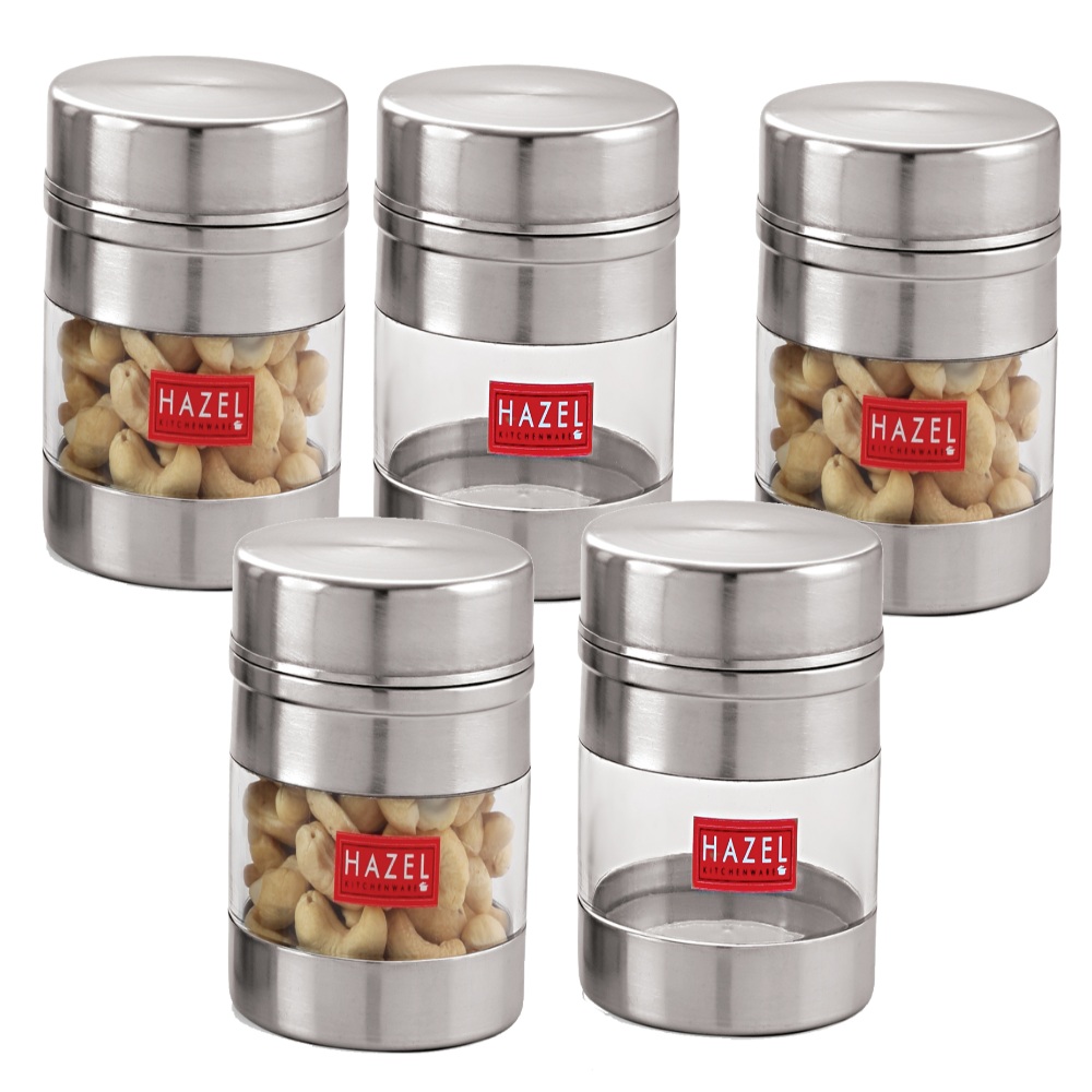 HAZEL Stainless Steel Transparent Wide Mouth See Through Container, Silver, Set of 5, 500 Ml