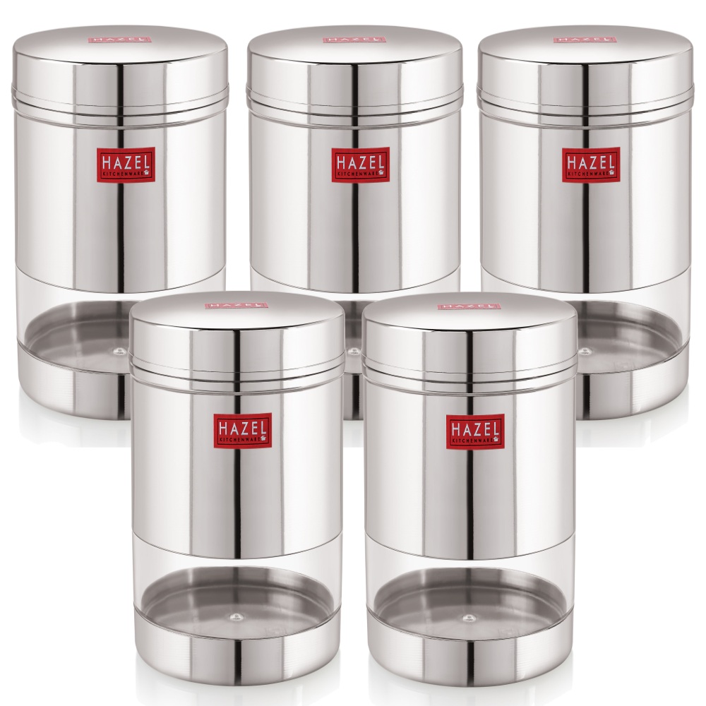 HAZEL Stainless Steel Transparent Wide Mouth See Through Container, Silver, Set of 5, 400 Ml