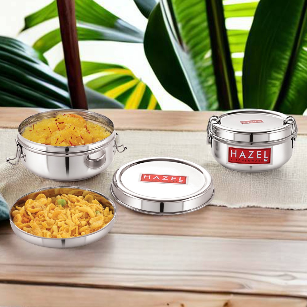 HAZEL Stainless Steel Traditional Design Tiffin Lunch Container with Locking Clip Set of 2, 350 & 700 ML