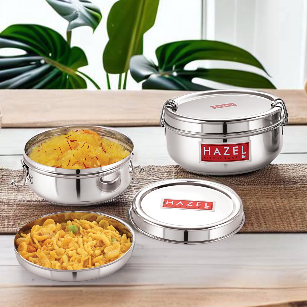 HAZEL Stainless Steel Traditional Design Tiffin Lunch Container with Locking Clip Set of 2, 350 & 500 ML