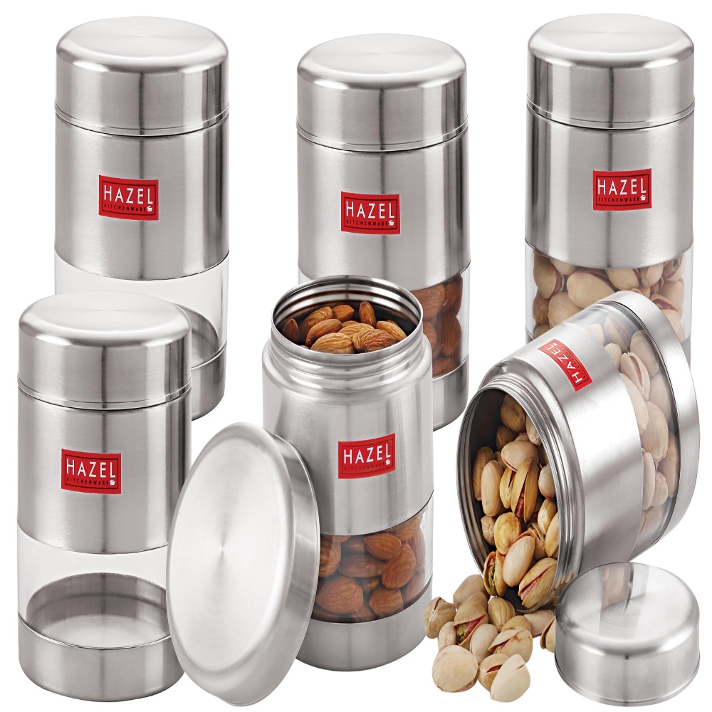 HAZEL Stainless Steel Transparent Matt Finish See Through Container Set of 6, Silver, 500 ML Each