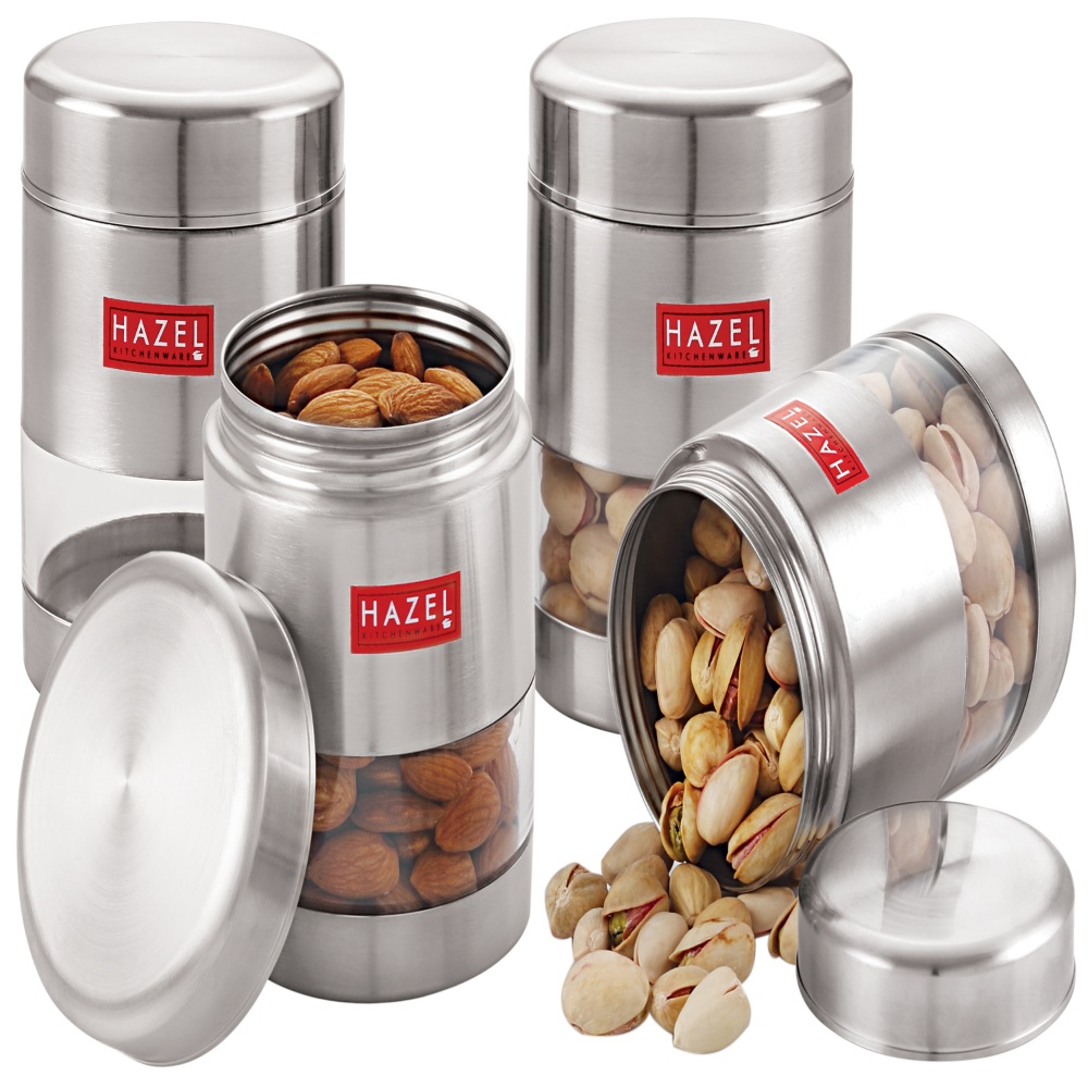 HAZEL Stainless Steel Transparent Matt Finish See Through Container Set of 4, Silver, 500 ML Each