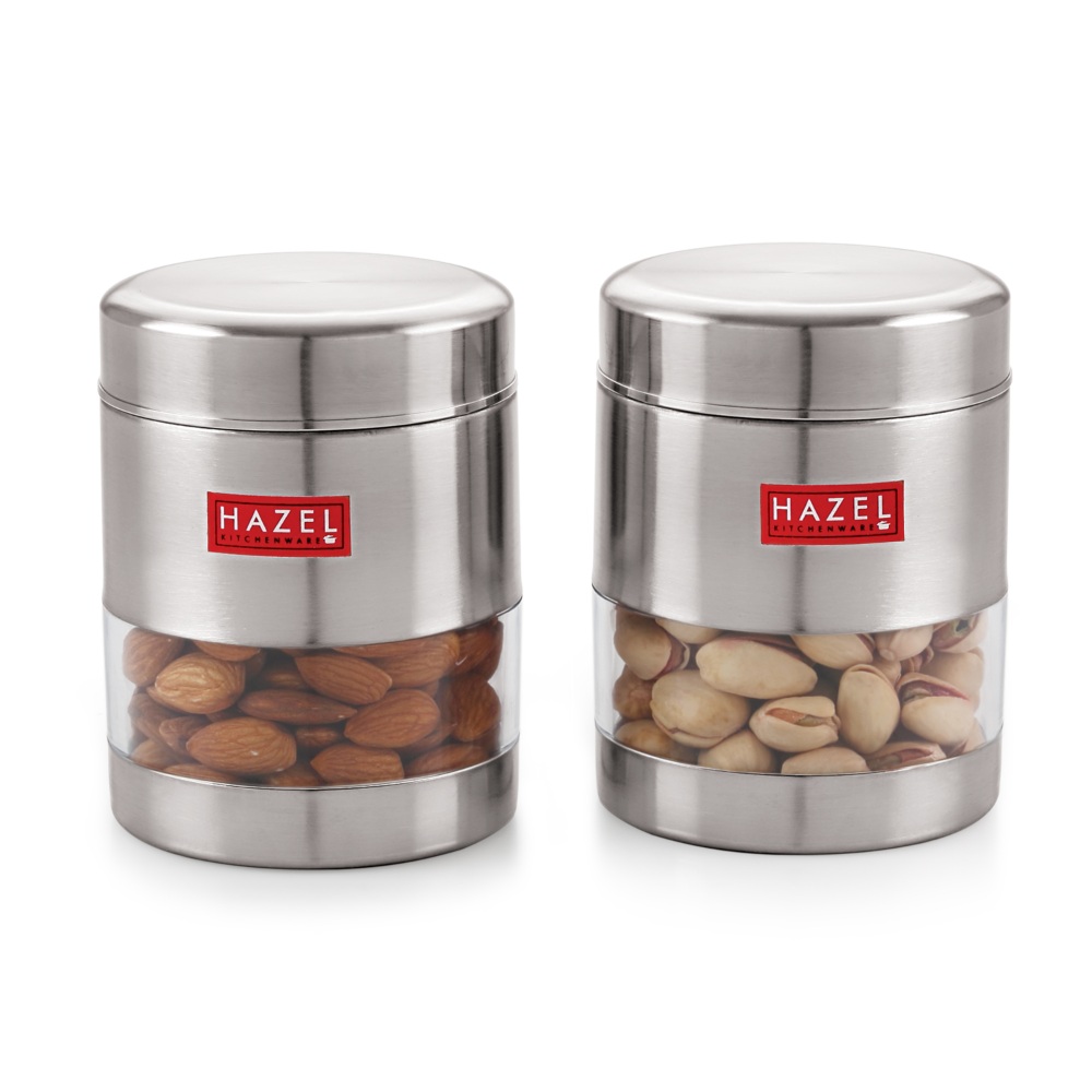 HAZEL Stainless Steel Transparent Matt Finish See Through Container Set of 2, Silver, 500 ML Each