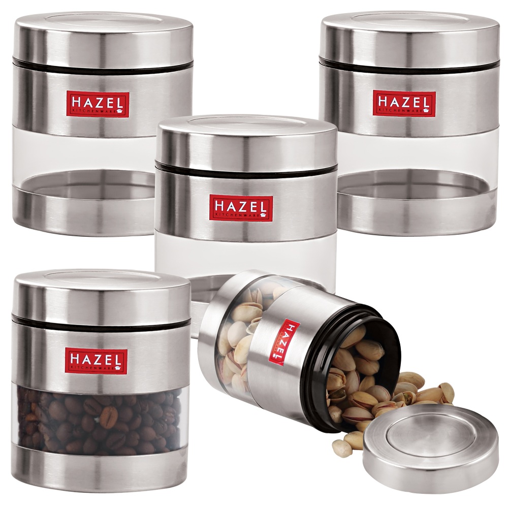 HAZEL Stainless Steel Transparent See Through Container Set of 5, Silver, 400 Ml Each