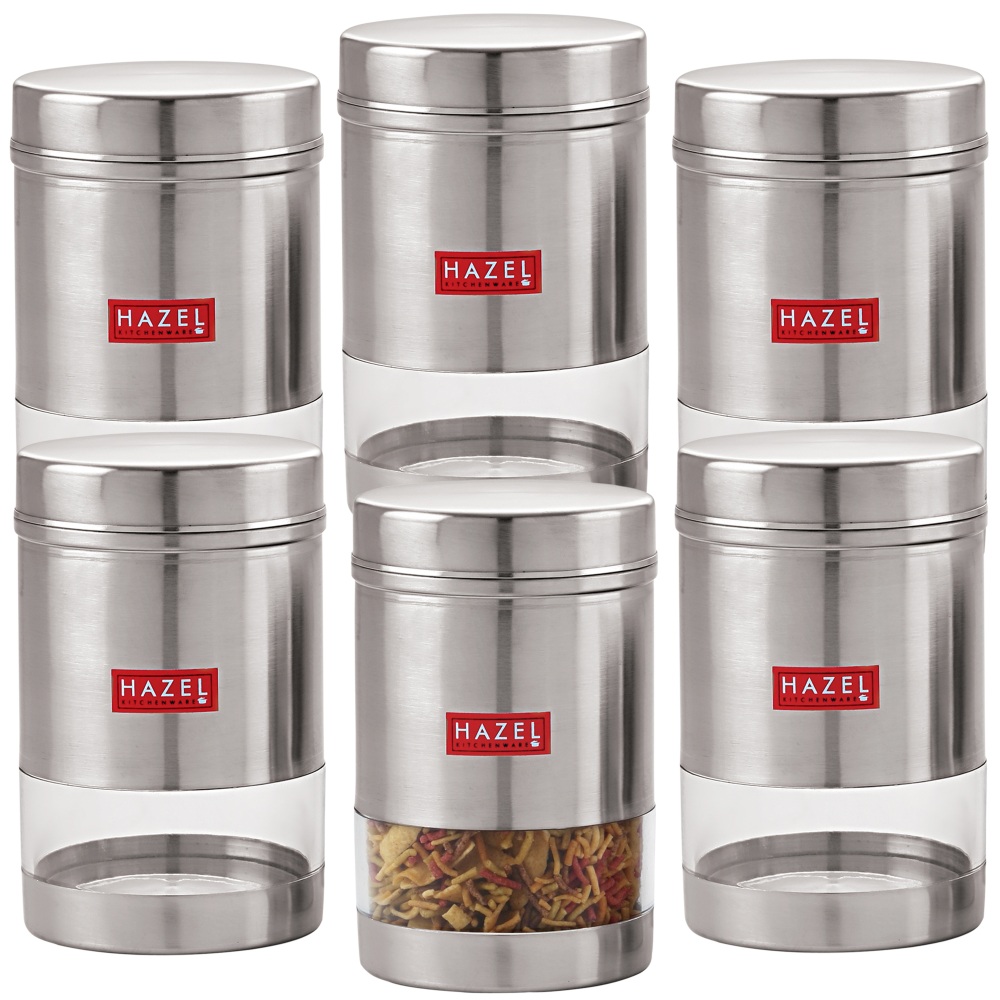 HAZEL Stainless Steel Transparent See Through Container Set of 6, Silver, 600 Ml Each