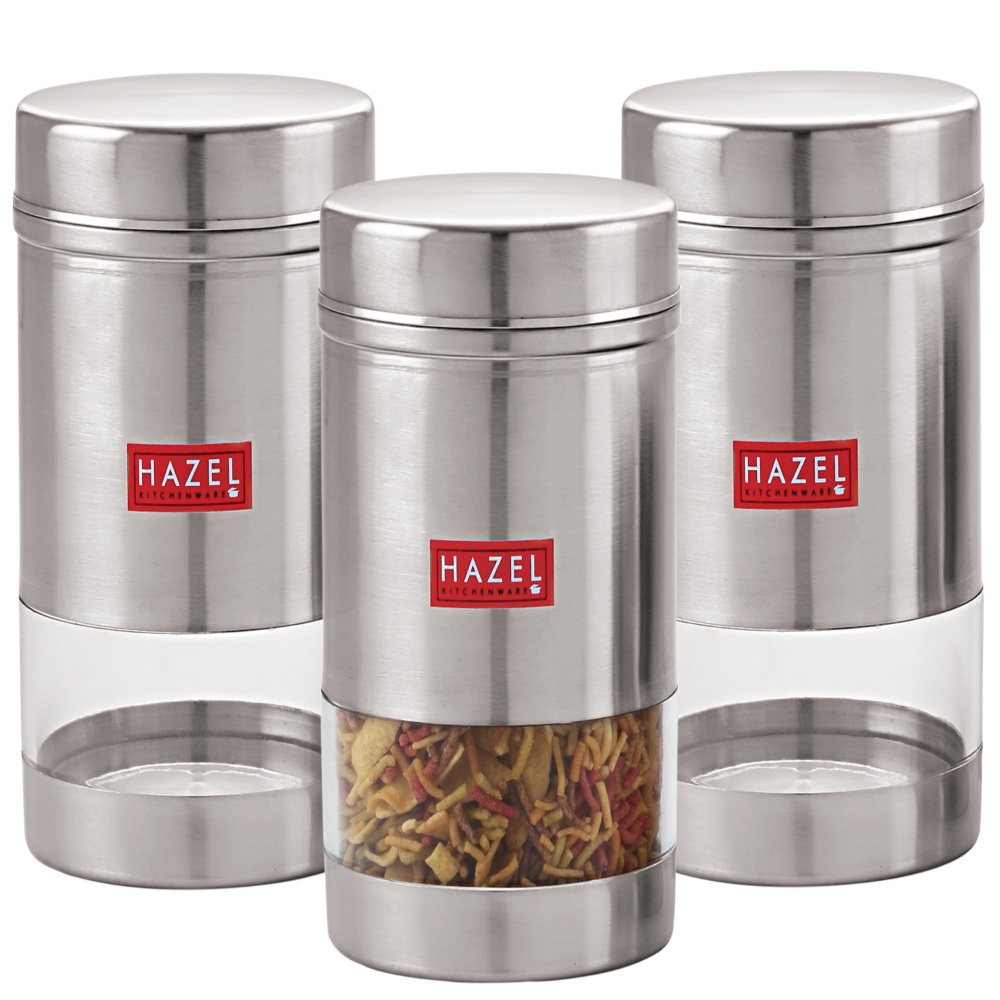 HAZEL Stainless Steel Transparent See Through Container Set of 3, Silver, 600 Ml Each