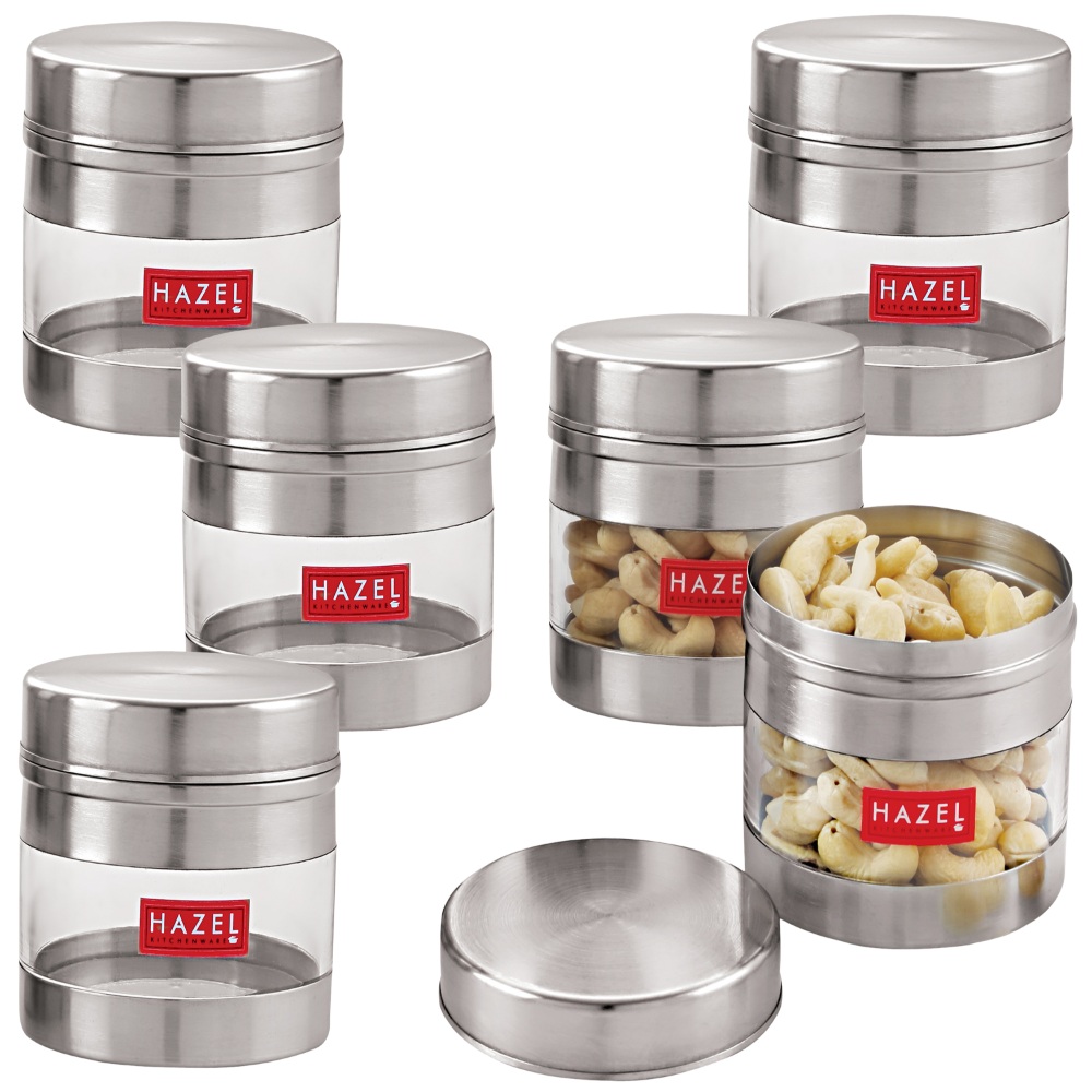 HAZEL Stainless Steel Transparent See Through Container Set of 6, Silver, 350 ML Each