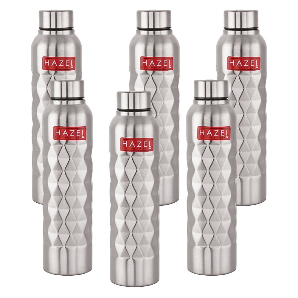 Steel Water Bottle 1 Litre By HAZEL Loch S1 | Stainless Steel Single Wall Fridge Water Bottle For Office | School | Trekking | Hiking | Travel, Set of 6