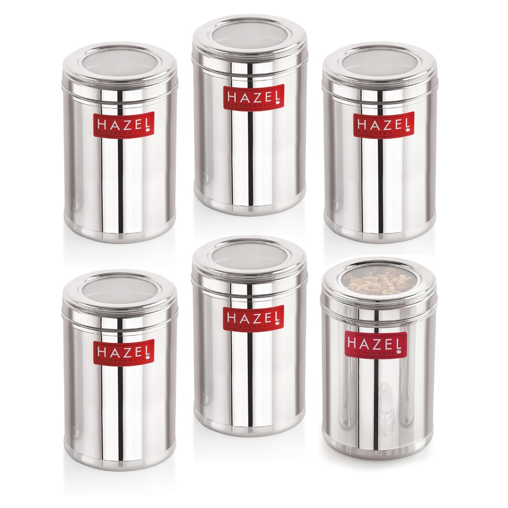 HAZEL Stainless Steel Kitchen Container with Transparent Lid | Top See Through Kitchen Container Set with Matt Finish | Multipurpose Container for Kitchen Storage, 1600 ML, Set of 6