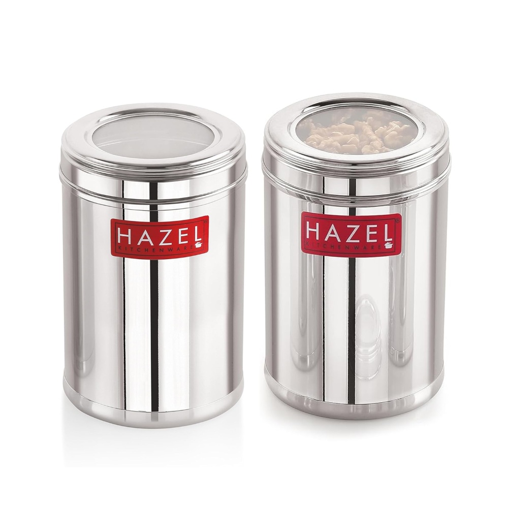 HAZEL Stainless Steel Kitchen Container with Transparent Lid | Top See Through Kitchen Container Set with Matt Finish | Multipurpose Container for Kitchen Storage, 1600 ML, Set of 2