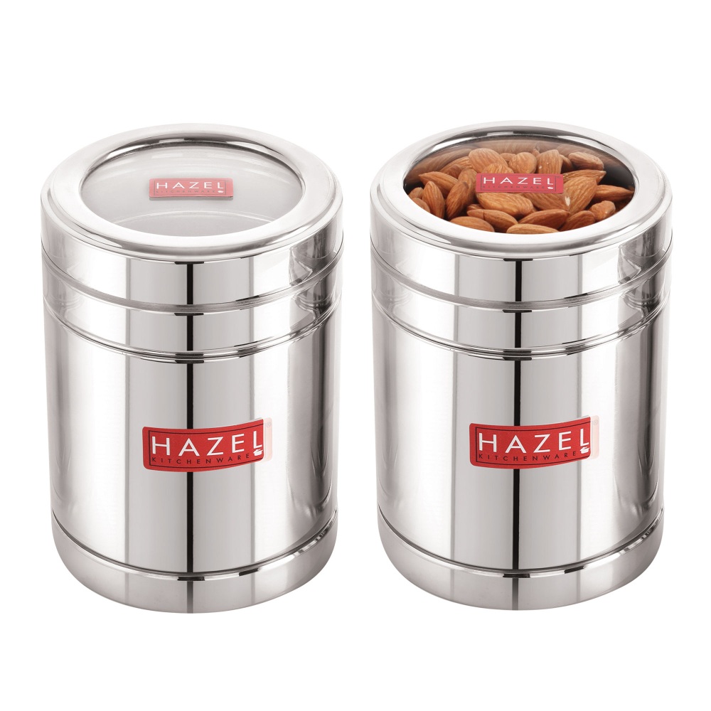 HAZEL Steel Container with Transparent Lid | Transparent Lid Sugar Storage Box For Kitchen |Food Grade Steel Kitchen Container, Set of 2, 1400 ML