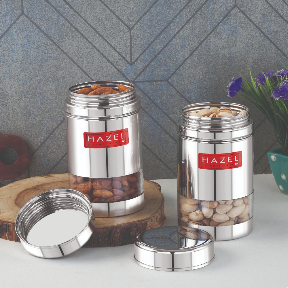 HAZEL Stainless Steel See Through Transparent Container | Kitchen Air Tight Storage Dabba Containers Set of 2, 600 ML