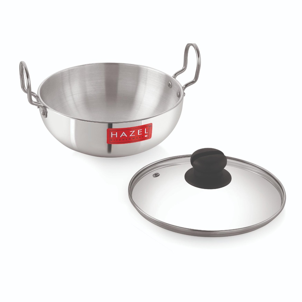 HAZEL 4 mm Aluminium Kadhai Kadai with Glass Lid | Vessels for Cooking Deep Frying Kadai, 3700 ML