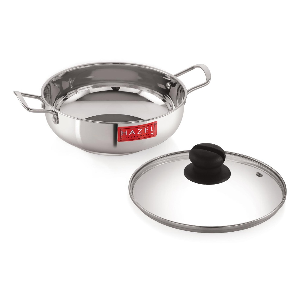 HAZEL Induction Base Kadai Kadhai | Stainless Steel Deep Karahi Induction Bottom Kadahi with Glass Lid Cover Cookware Utensil, 1900 ML