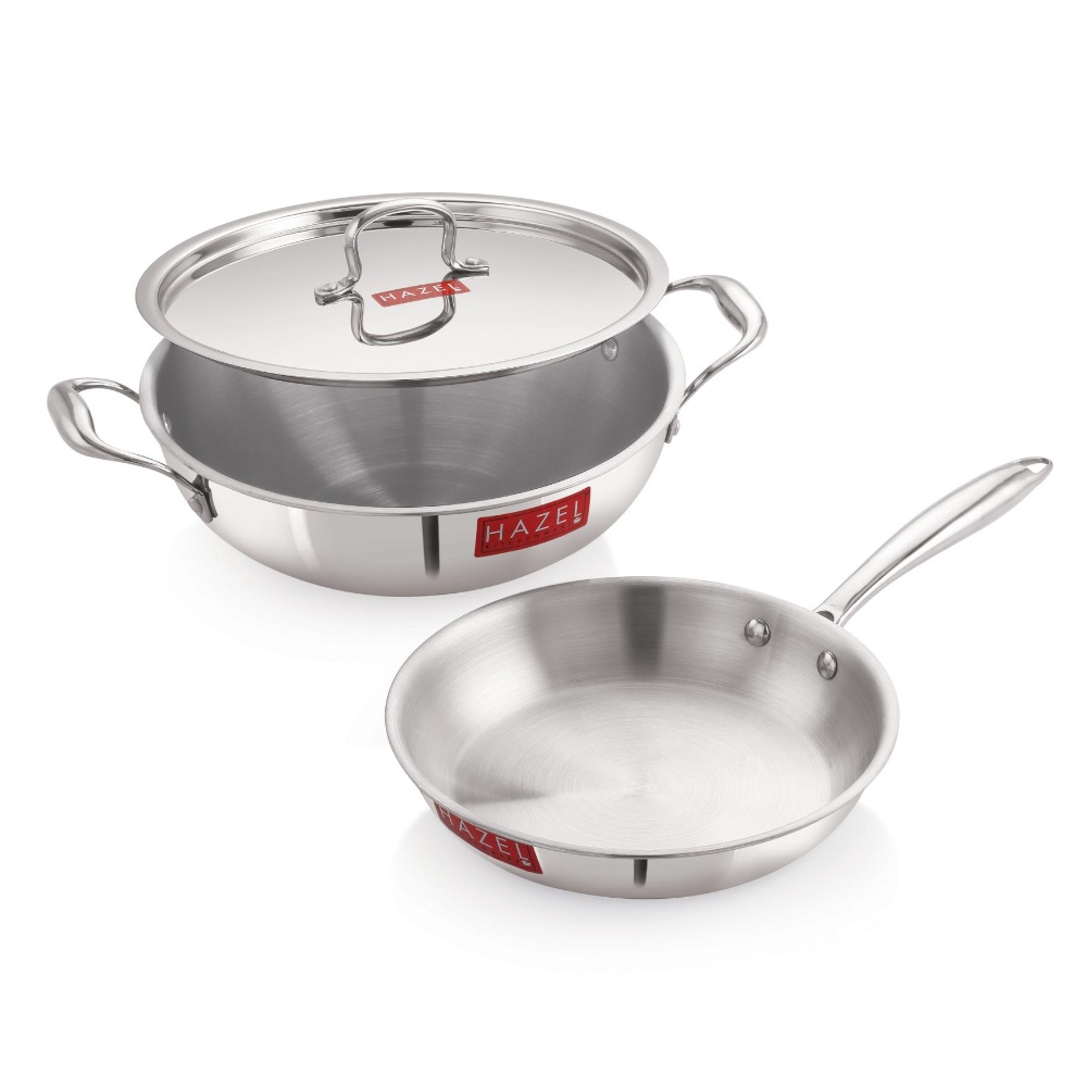 HAZEL Triply Stainless Steel Induction Bottom Kadhai 3 Litre and Fry Pan 1.5 Litre With  Stainless Steel Lid