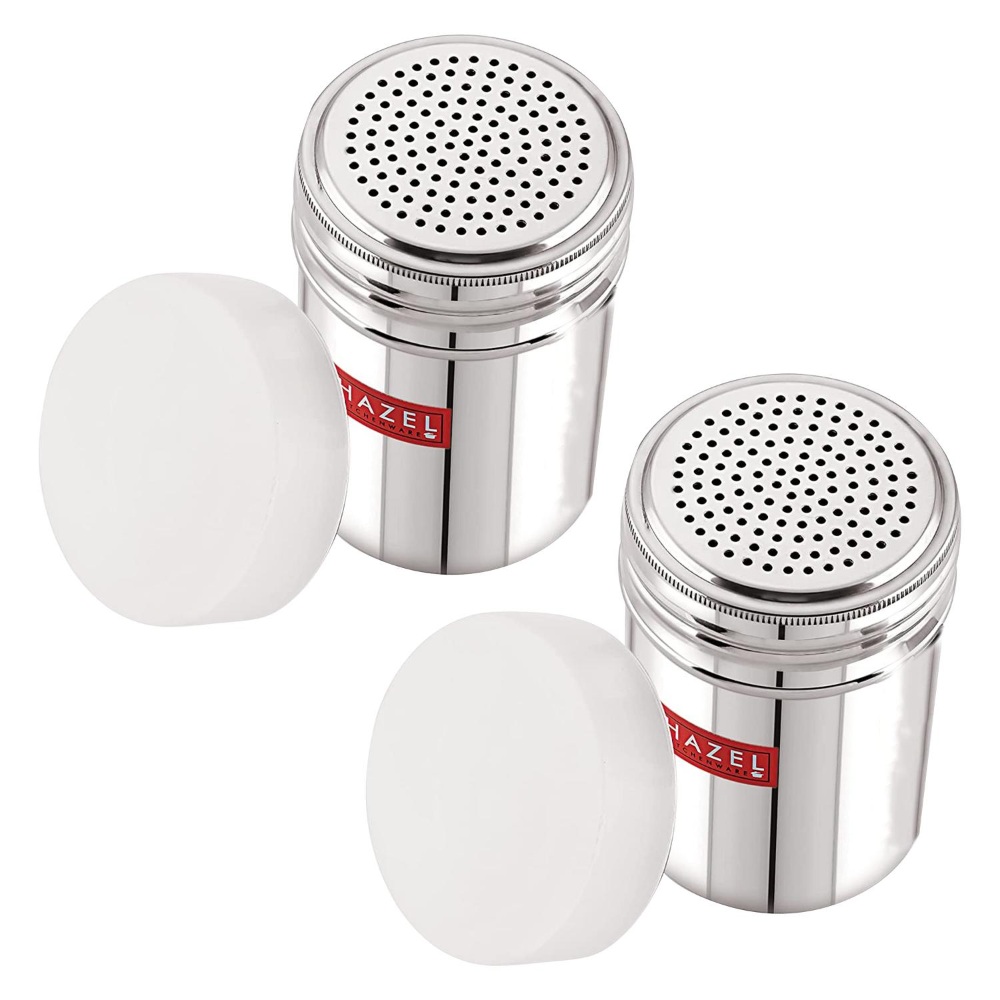 HAZEL Stainless Steel Powder Shaker And Plastic Lid Cap|Dredger without Handle |Salt And Pepper Cellar Cocoa Chocolate Powder Shaker, 310 ML, Set of 2, Silver