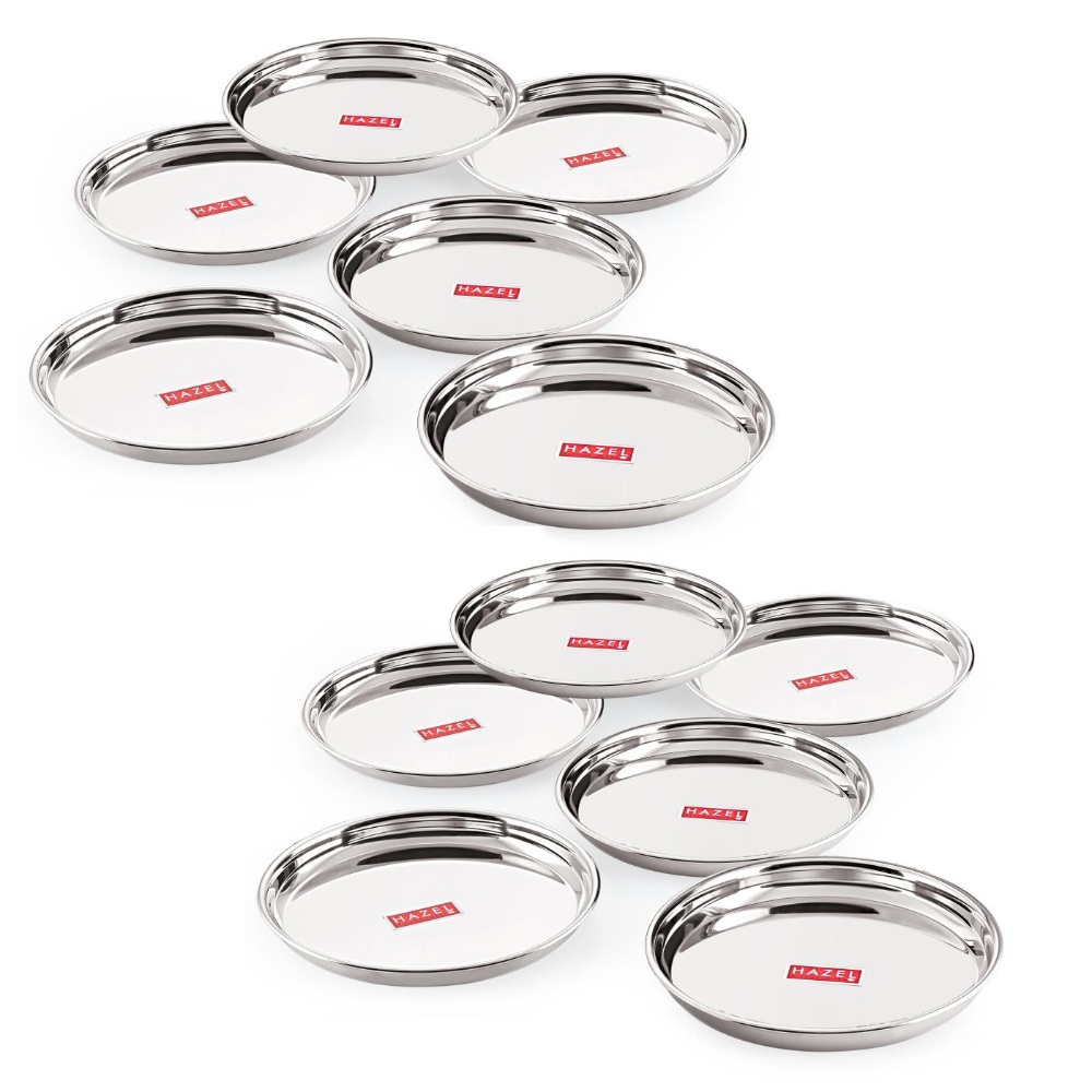 HAZEL Stainless Steel Dinner Lunch Plate Bhojan Thali, Dia 31 cm, Large, 12 pcs Set