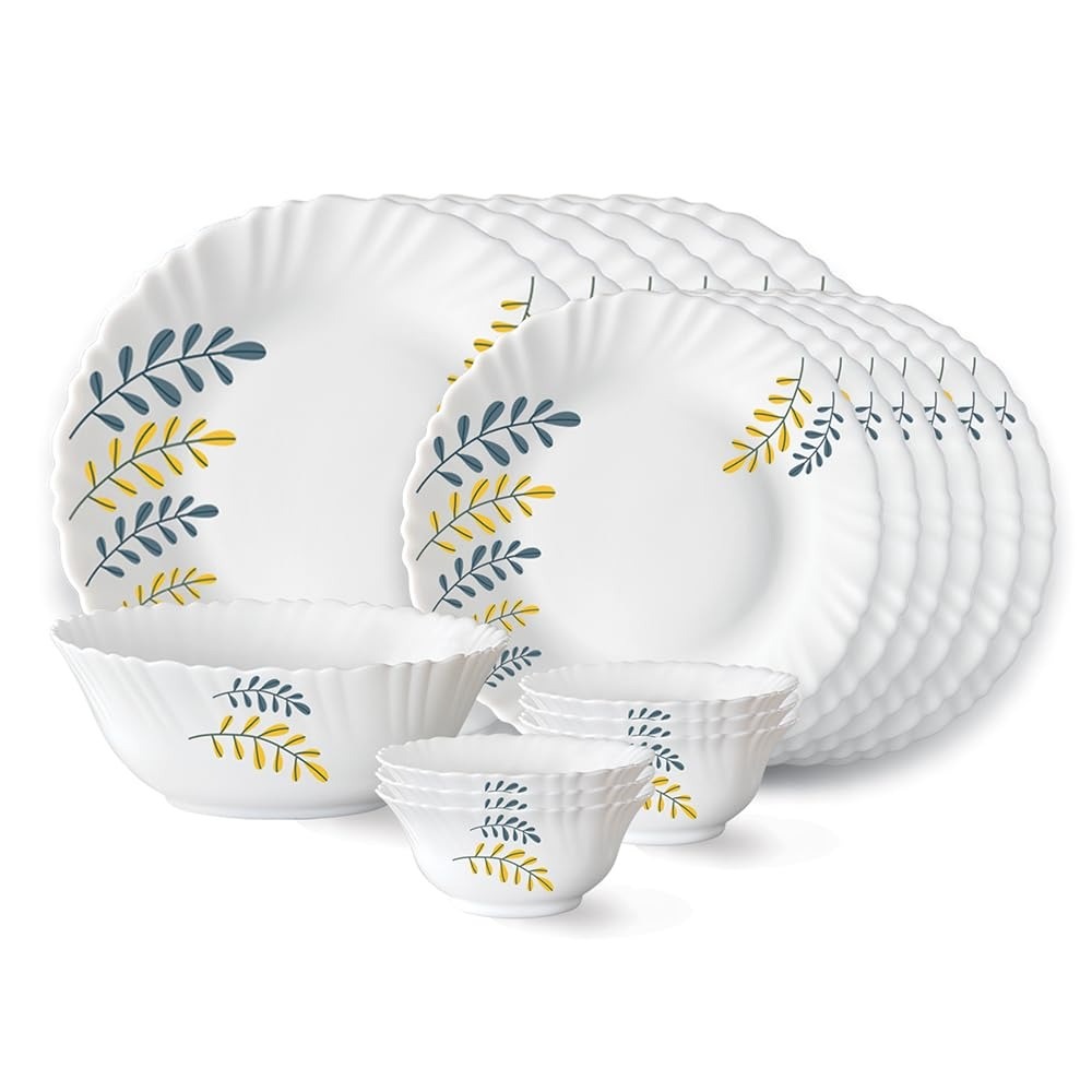 Larah by Borosil Niva Fluted Series Opalware Dinner Set | 19 Pieces for Family of 6 | Microwave & Dishwasher Safe | Bone-Ash Free | Crockery Set for Dining & Gifting | Plates & Bowls | White