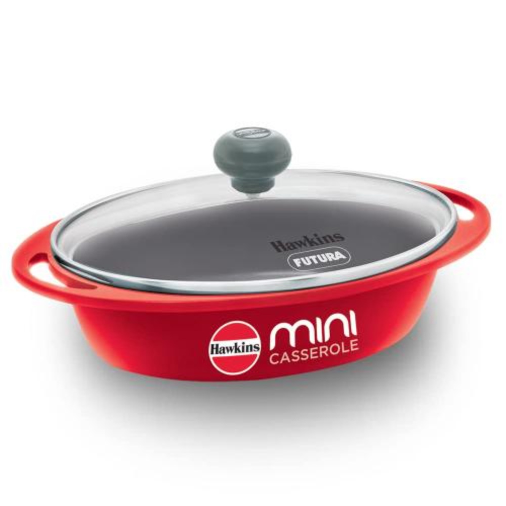 Hawkins 0.75 Litre Mini Casserole with Glass Lid, Oval Shaped Die-Cast pan for Cooking, Reheating, Serving and Storing, Red