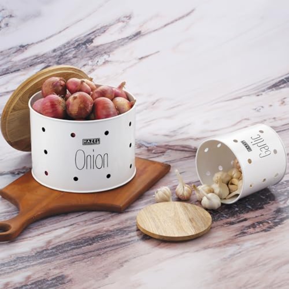 HAZEL Garlic & Onion Storage Container for Kitchen | Onion Garlic Storage Container, Set of 2, White