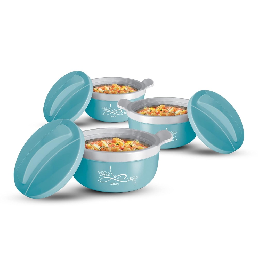 MILTON Crave Jr Inner Stainless Steel Serving Casserole Gift Set of 3(470ml, 800ml, 1380ml), PU Insulated Kitchen Hot Pot, Keeps Food hot & Fresh for Roti, Biryani, Blue