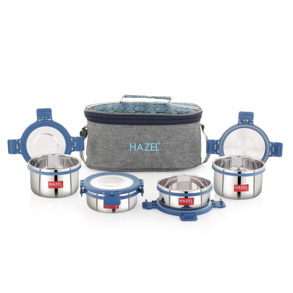 HAZEL Hercules Stainless Steel Lunch Box with Flat Bag | Set of 4, Round | Tiffin Box for Office, School & College
