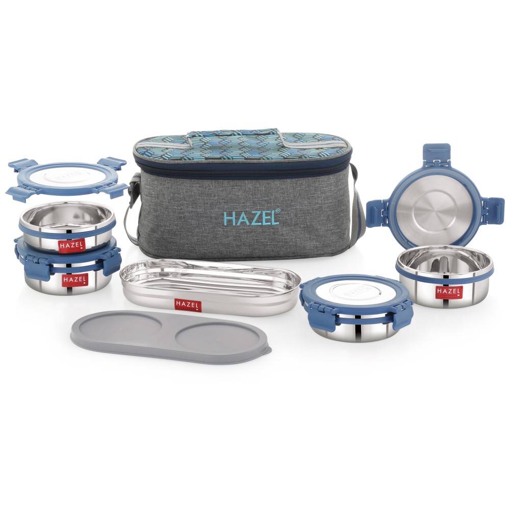 HAZEL Hercules Stainless Steel Lunch Box Set with Roti Dabba and Flat Bag | Set of 5 Leak-Proof Containers