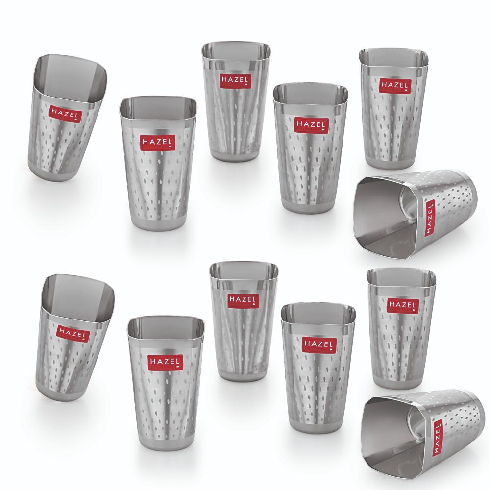 HAZEL Stainless Steel Drinkware Water Glass | Unbreakable Glass Set of 12 with Glossy Finish, 350 ML