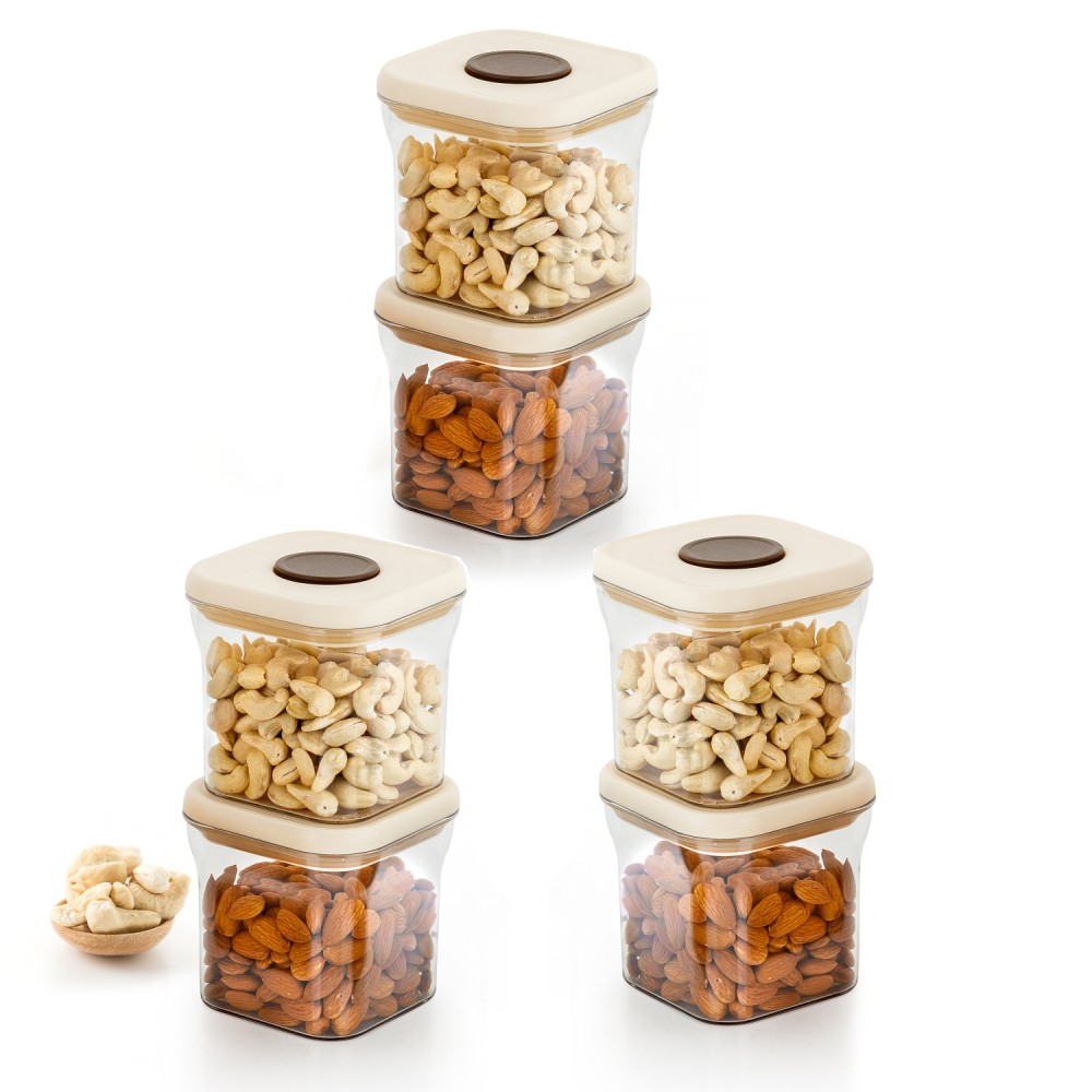 HAZEL Airtight Food Storage Containers with One-Touch Pop-Up Lid | Leakproof, Stackable Jar, 600 ML, Cream, Set of 6