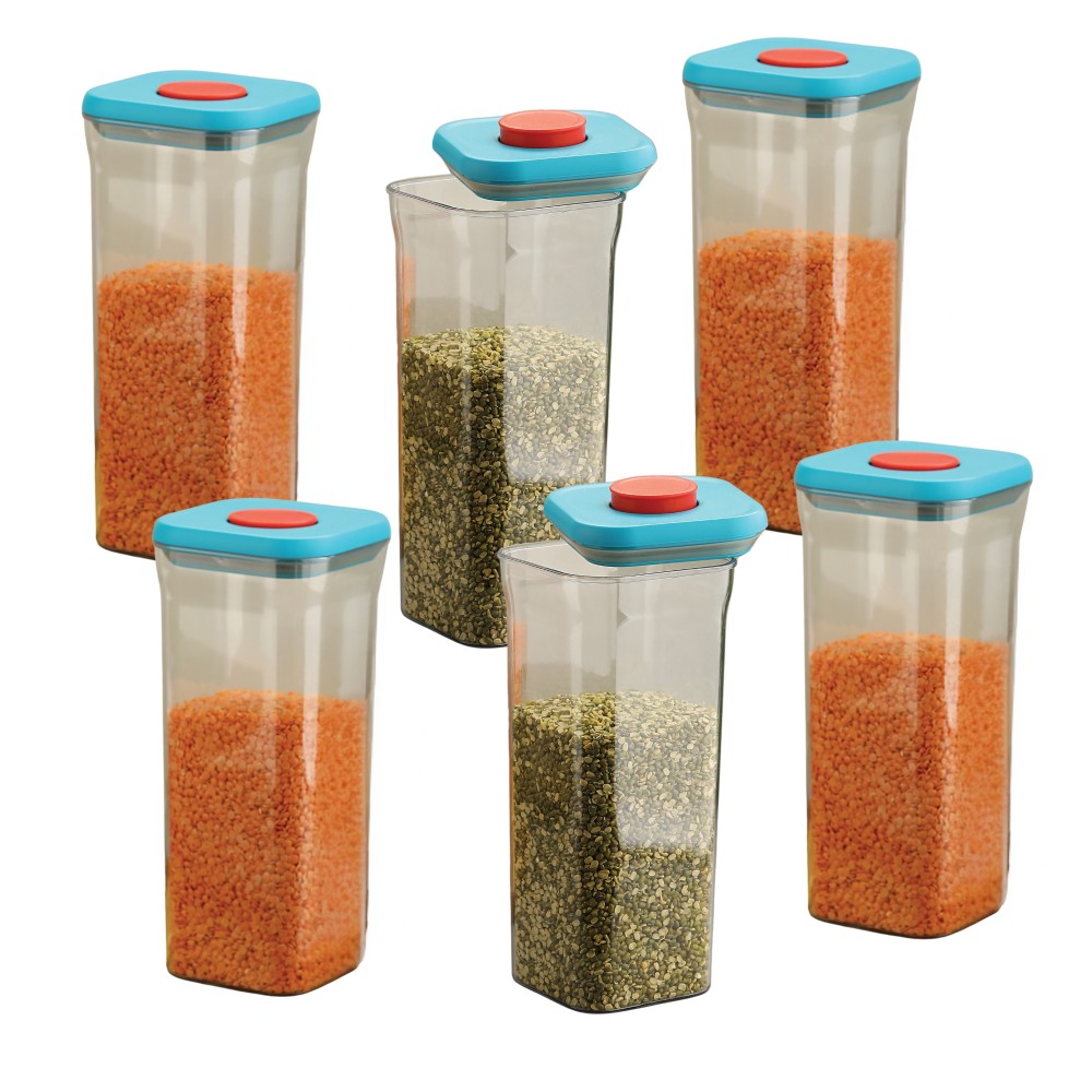 HAZEL Airtight Food Storage Container | Plastic Kitchen Jar for Pulses, Grains, Cereal, Snacks, 1500 ML, Blue, Set of 6
