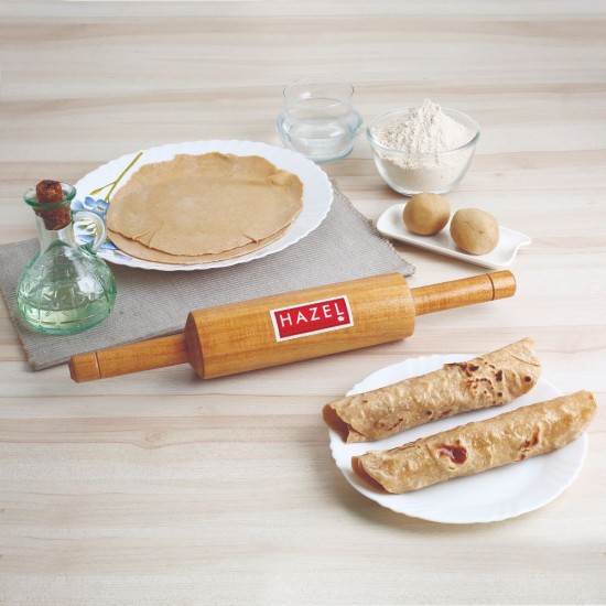HAZEL Wooden Belan Rolling Pin Sagwan Roti Phulka Dough Roller for Home and Kitchen, 38 cm