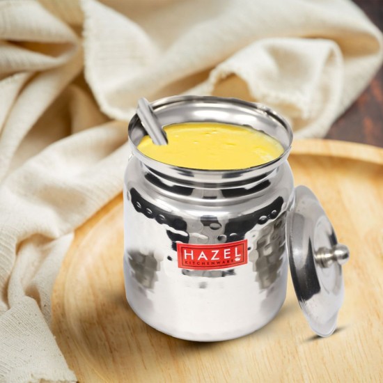HAZEL Stainless Steel Hammered Oil Dispenser with Lid | Oil Ghee Dani with Spoon